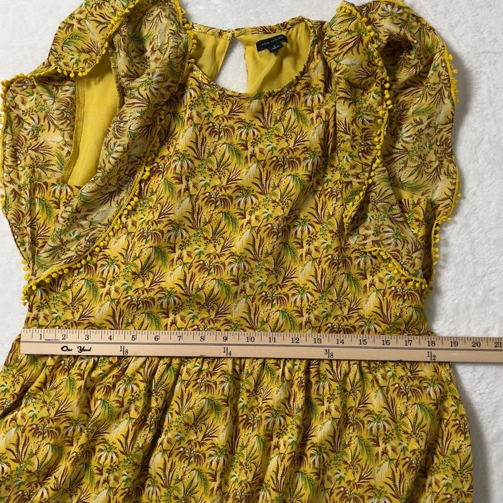 Ann Taylor Yellow Tropical Palm Print Maxi Dress Flutter Sleeve Pom‎ Pom Medium